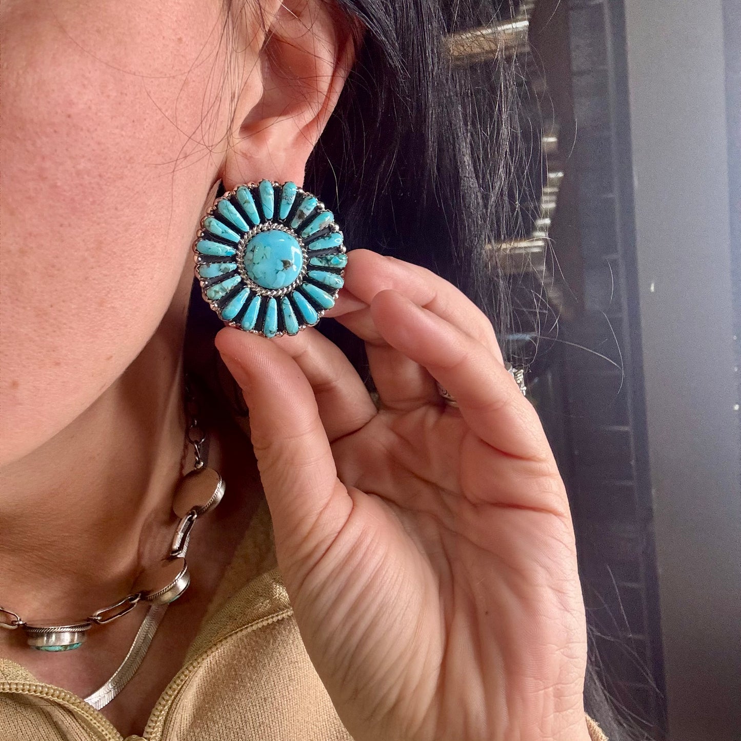 Navajo Handmade by Davin Benally 1.5" Turquoise Cluster Earrings