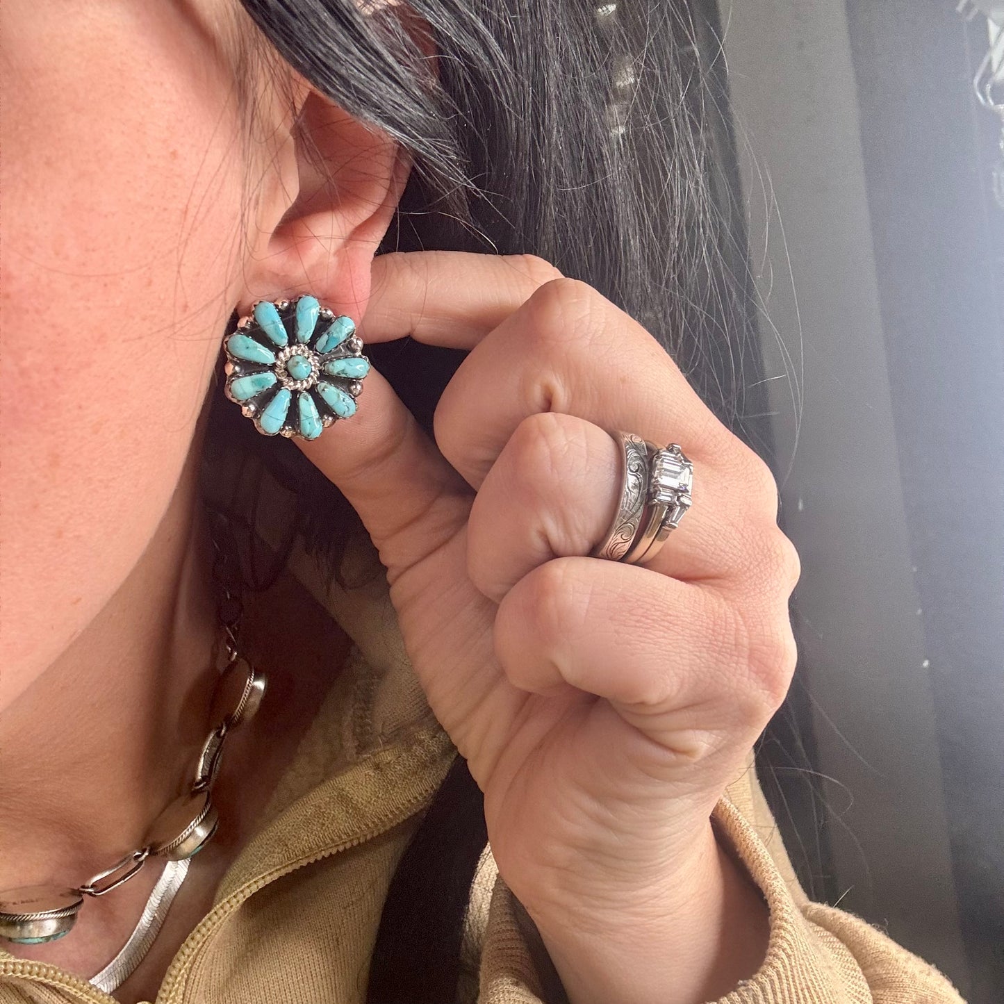Navajo Handmade by Davin Benally 1" Turquoise Cluster Earrings