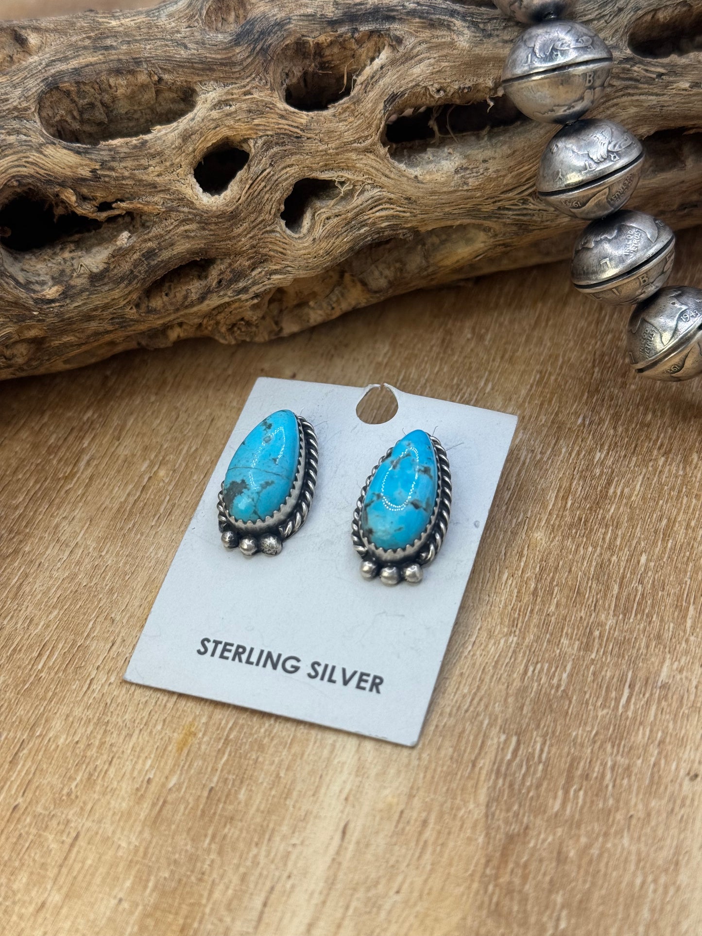 Kingman Turquoise Stud Earrings A by Freda Martinez, Navajo