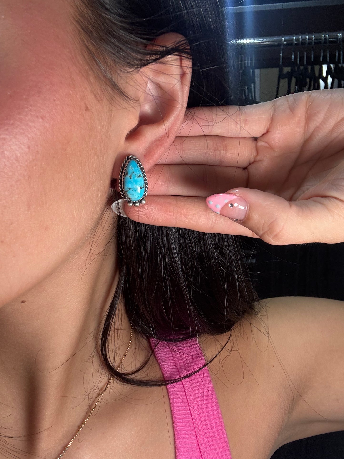 Kingman Turquoise Stud Earrings A by Freda Martinez, Navajo