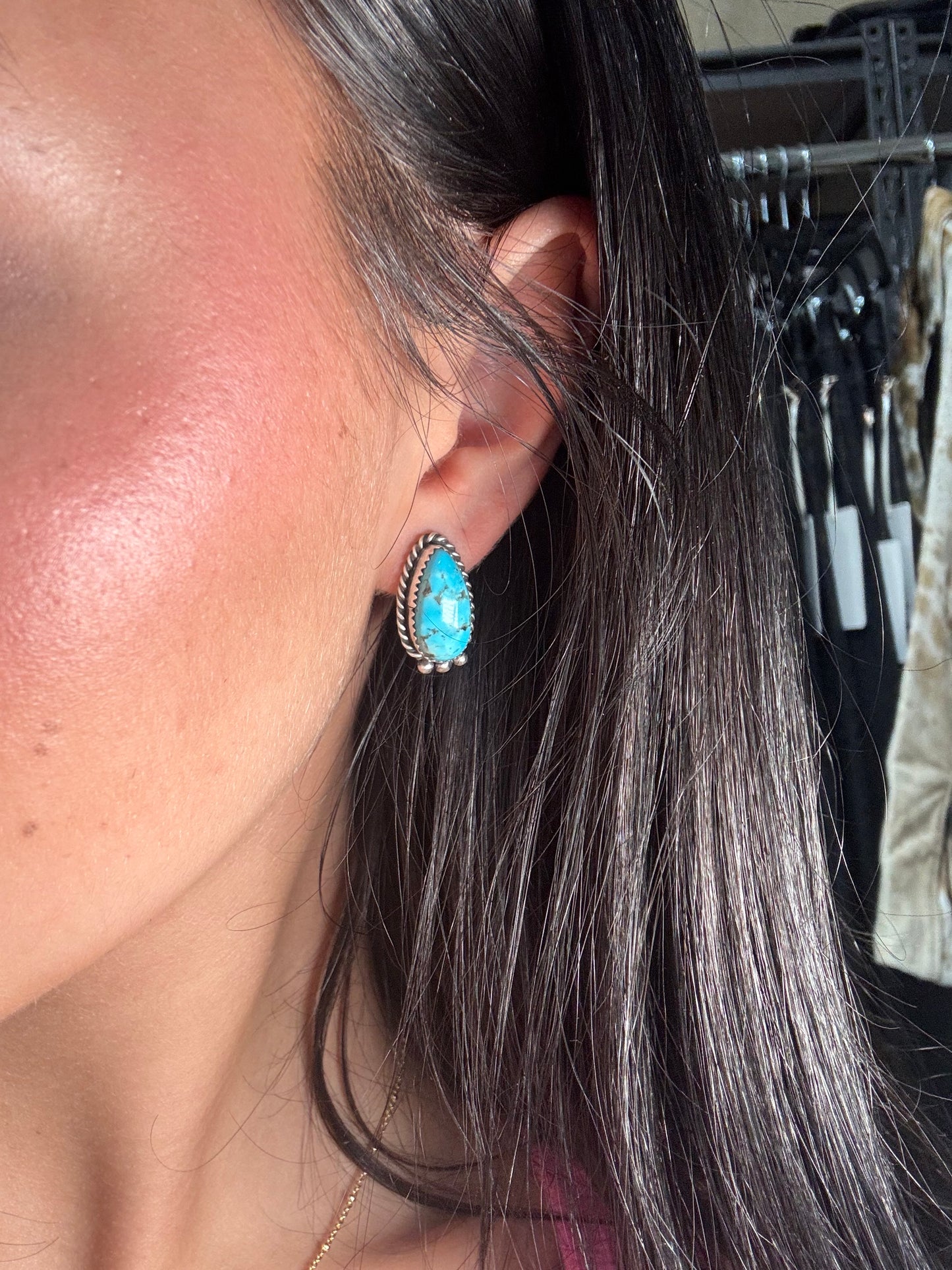 Kingman Turquoise Stud Earrings A by Freda Martinez, Navajo