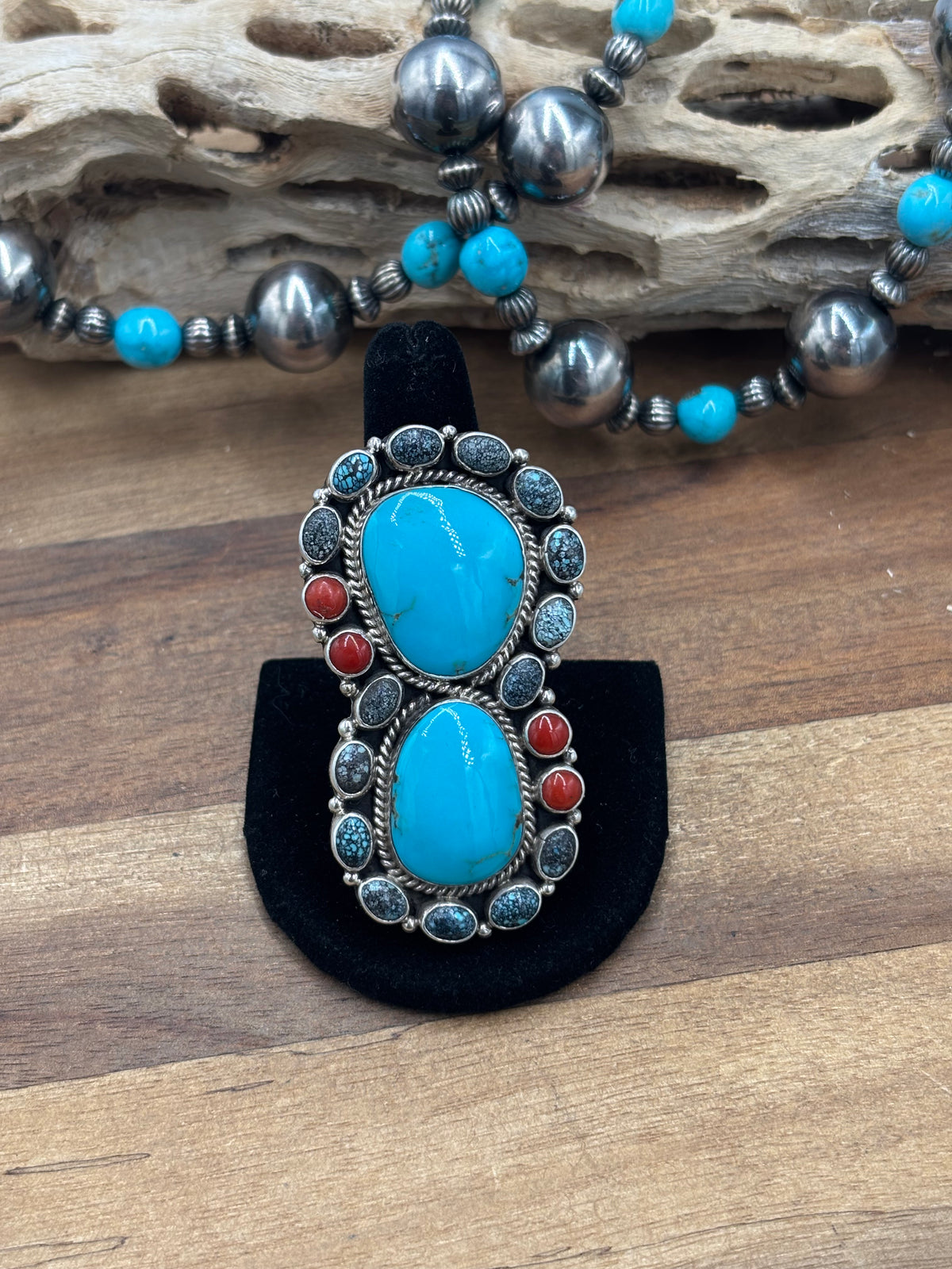 Turquoise & Coral #930-11 Cluster Ring Size 10 By Mary Jane Garcia, Navajo