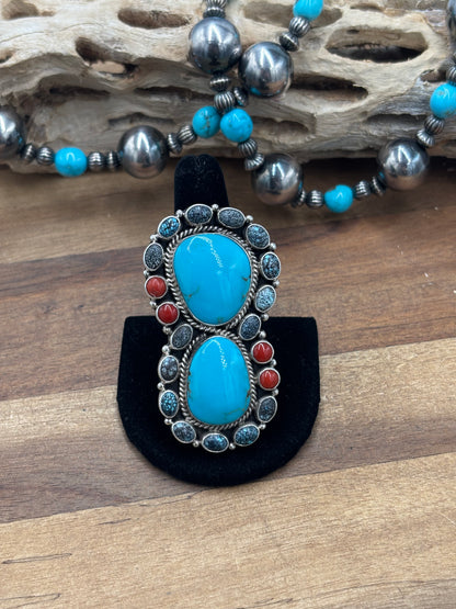 Turquoise & Coral #930-11 Cluster Ring Size 10 By Mary Jane Garcia, Navajo