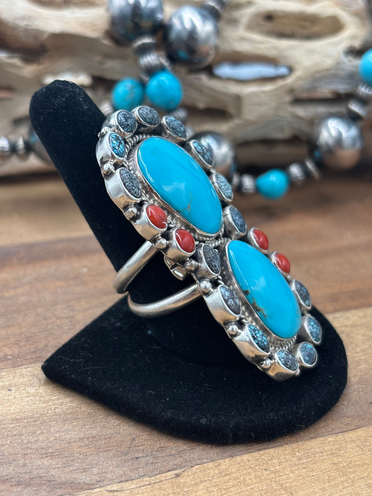 Turquoise & Coral #930-11 Cluster Ring Size 10 By Mary Jane Garcia, Navajo