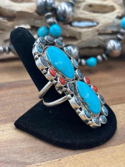 Turquoise & Coral #930-11 Cluster Ring Size 10 By Mary Jane Garcia, Navajo