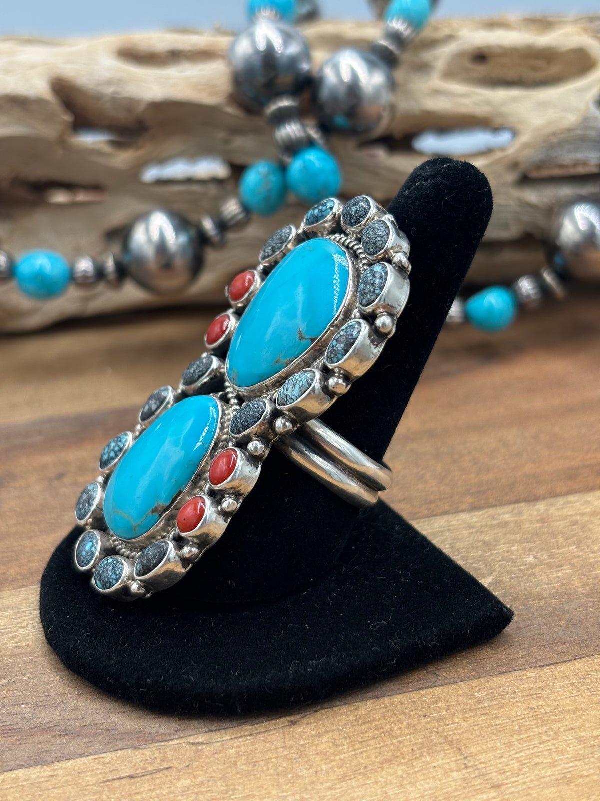 Turquoise & Coral #930-11 Cluster Ring Size 10 By Mary Jane Garcia, Navajo