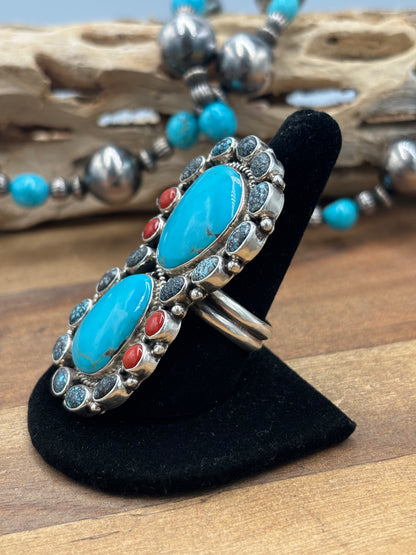 Turquoise & Coral #930-11 Cluster Ring Size 10 By Mary Jane Garcia, Navajo