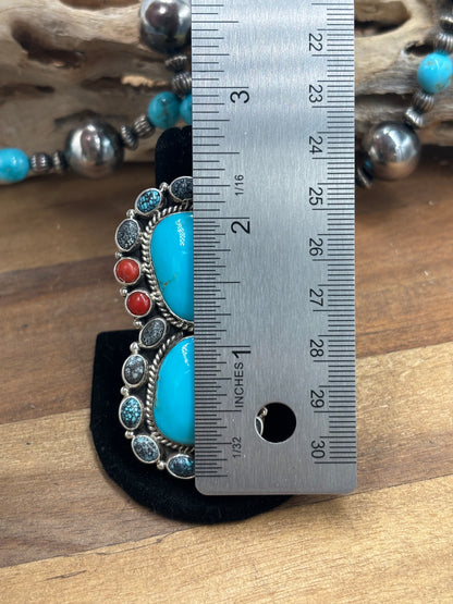 Turquoise & Coral #930-11 Cluster Ring Size 10 By Mary Jane Garcia, Navajo