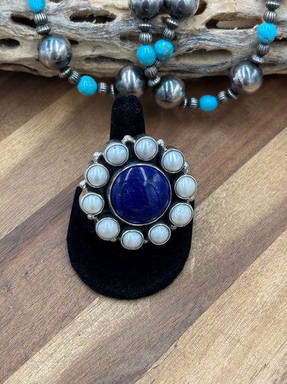 Lapis & Freshwater Pearl #917-15 Adjustable Ring by Federico Jiminez