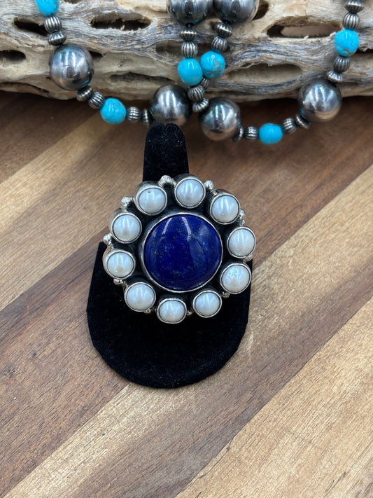 Lapis & Freshwater Pearl #917-15 Adjustable Ring by Federico Jiminez