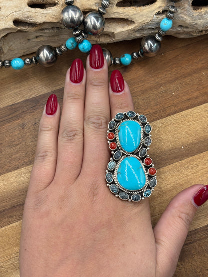 Turquoise & Coral #930-11 Cluster Ring Size 10 By Mary Jane Garcia, Navajo