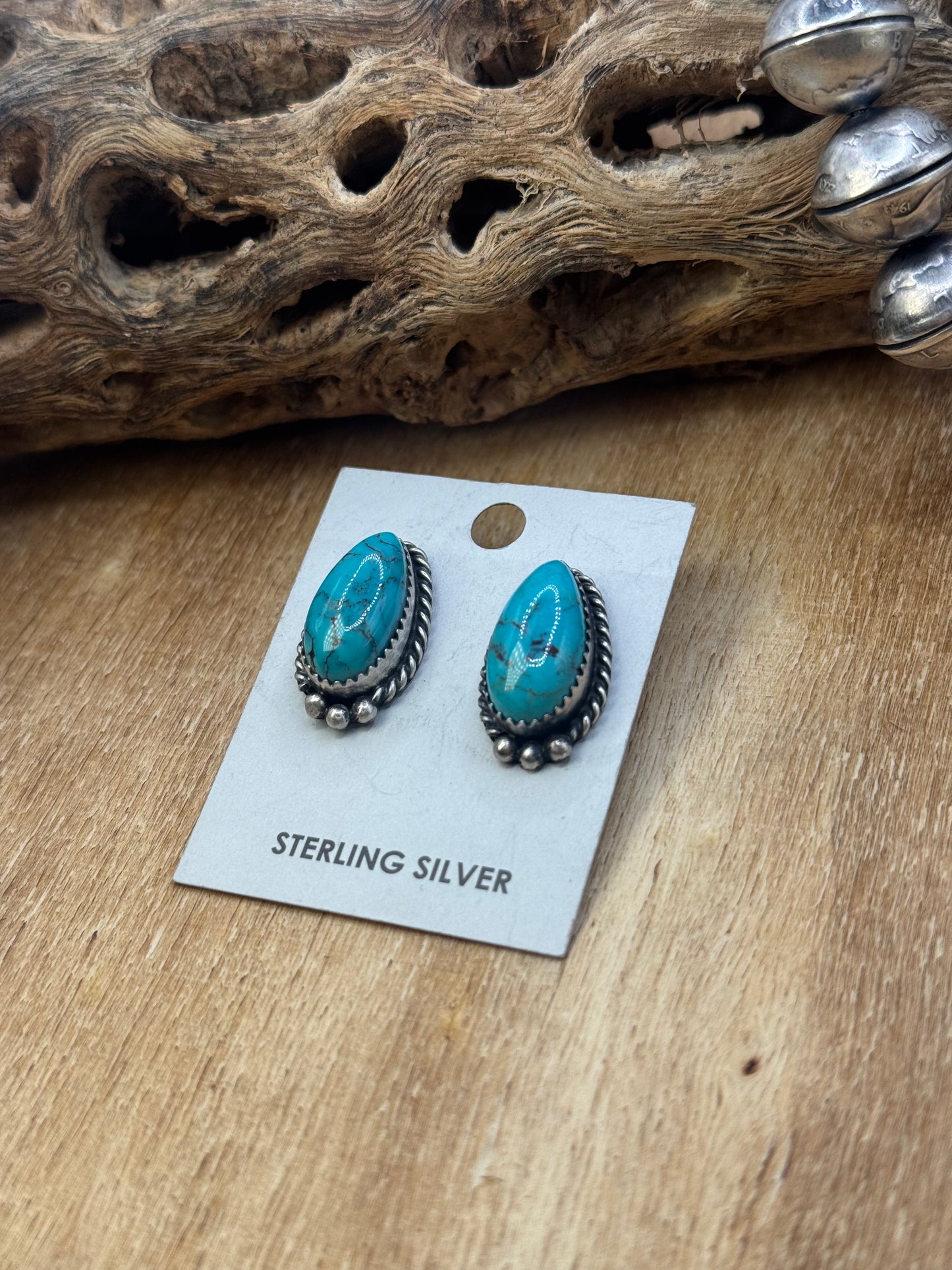 Kingman Turquoise Stud Earrings B by Freda Martinez, Navajo
