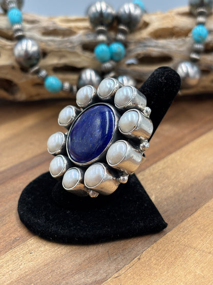 Lapis & Freshwater Pearl #917-15 Adjustable Ring by Federico Jiminez