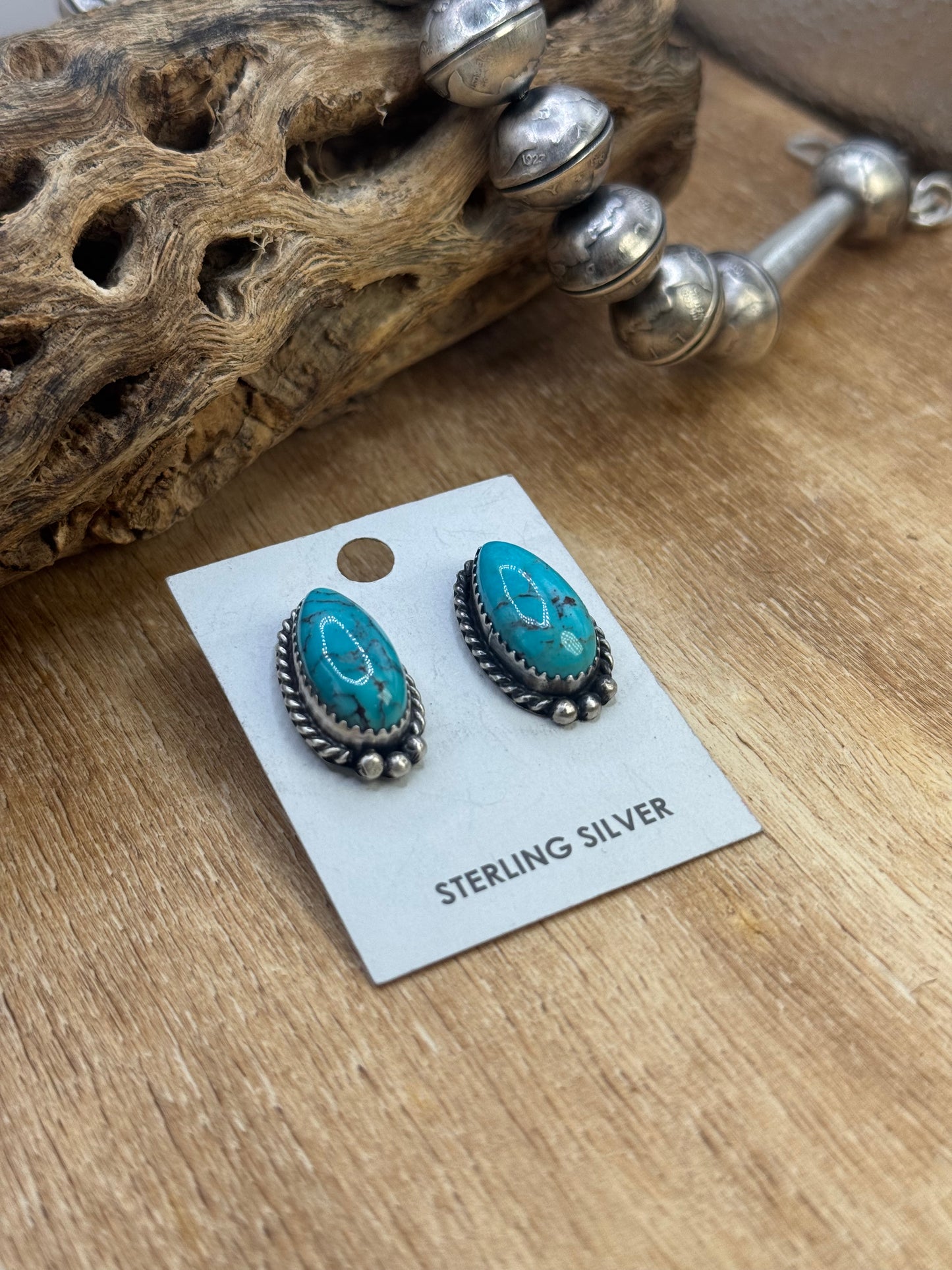Kingman Turquoise Stud Earrings B by Freda Martinez, Navajo