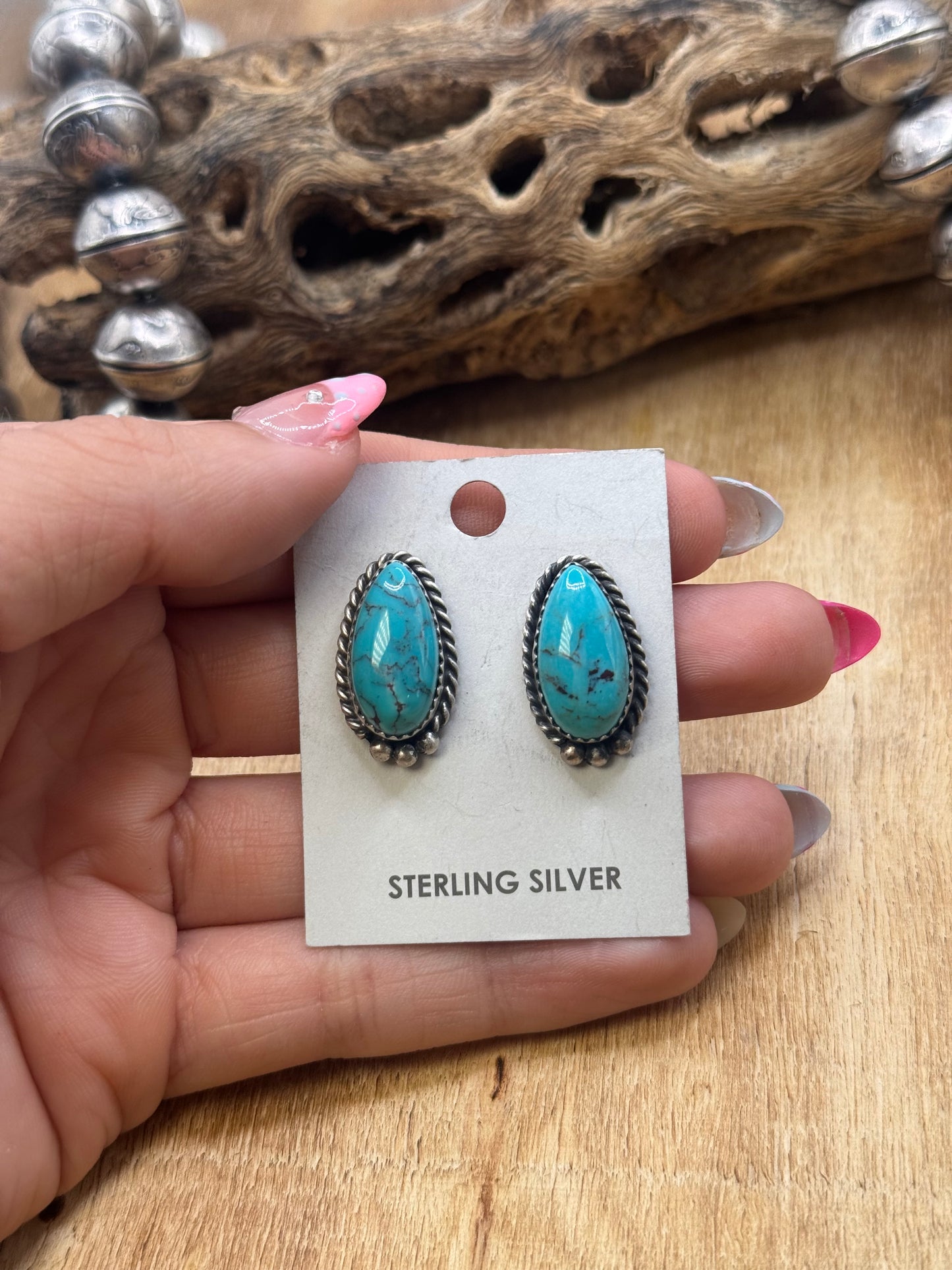 Kingman Turquoise Stud Earrings B by Freda Martinez, Navajo