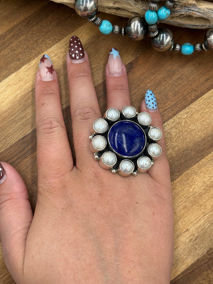 Lapis & Freshwater Pearl #917-15 Adjustable Ring by Federico Jiminez