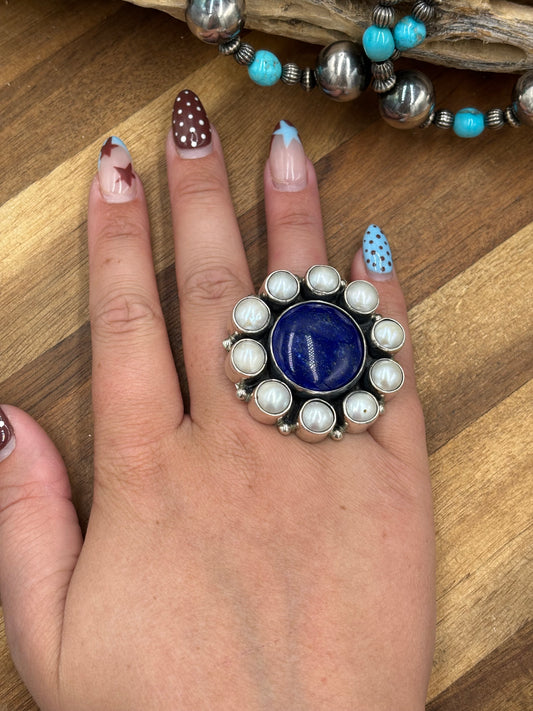 Lapis & Freshwater Pearl #917-15 Adjustable Ring by Federico Jiminez
