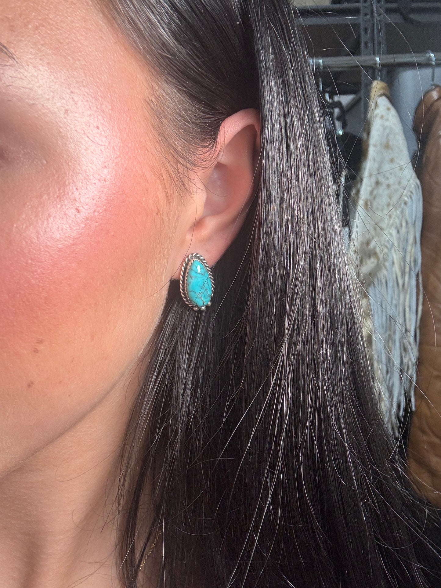 Kingman Turquoise Stud Earrings B by Freda Martinez, Navajo