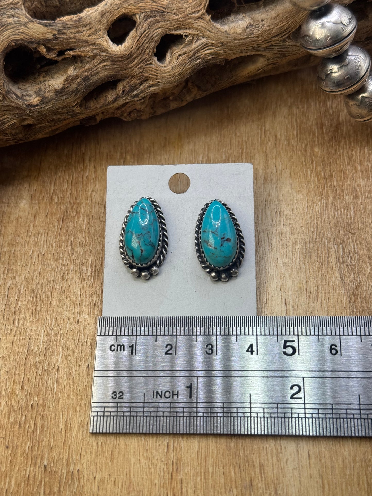 Kingman Turquoise Stud Earrings B by Freda Martinez, Navajo