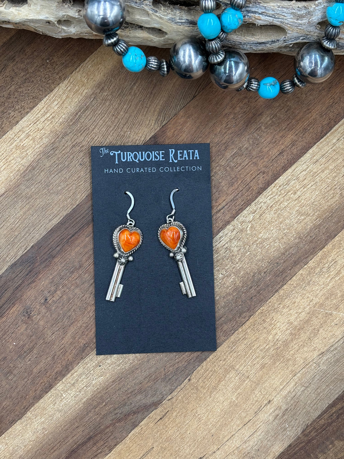 Orange Spiny #917-26A Heart Earrings by P Skeets, Navajo