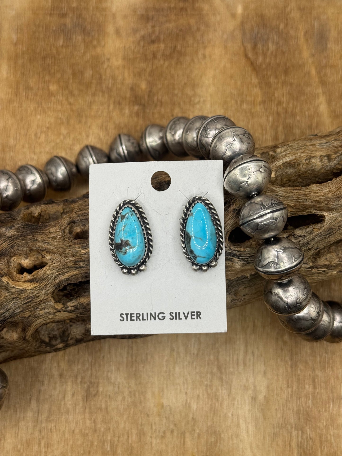 Kingman Turquoise Stud Earrings C by Freda Martinez, Navajo