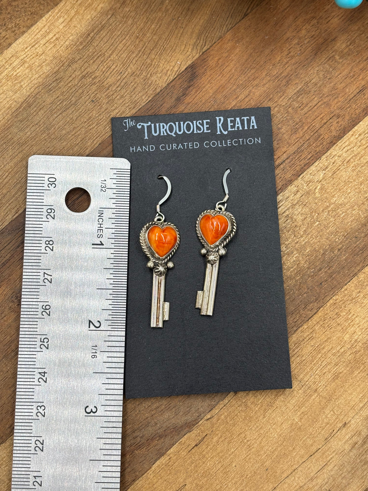 Orange Spiny #917-26A Heart Earrings by P Skeets, Navajo
