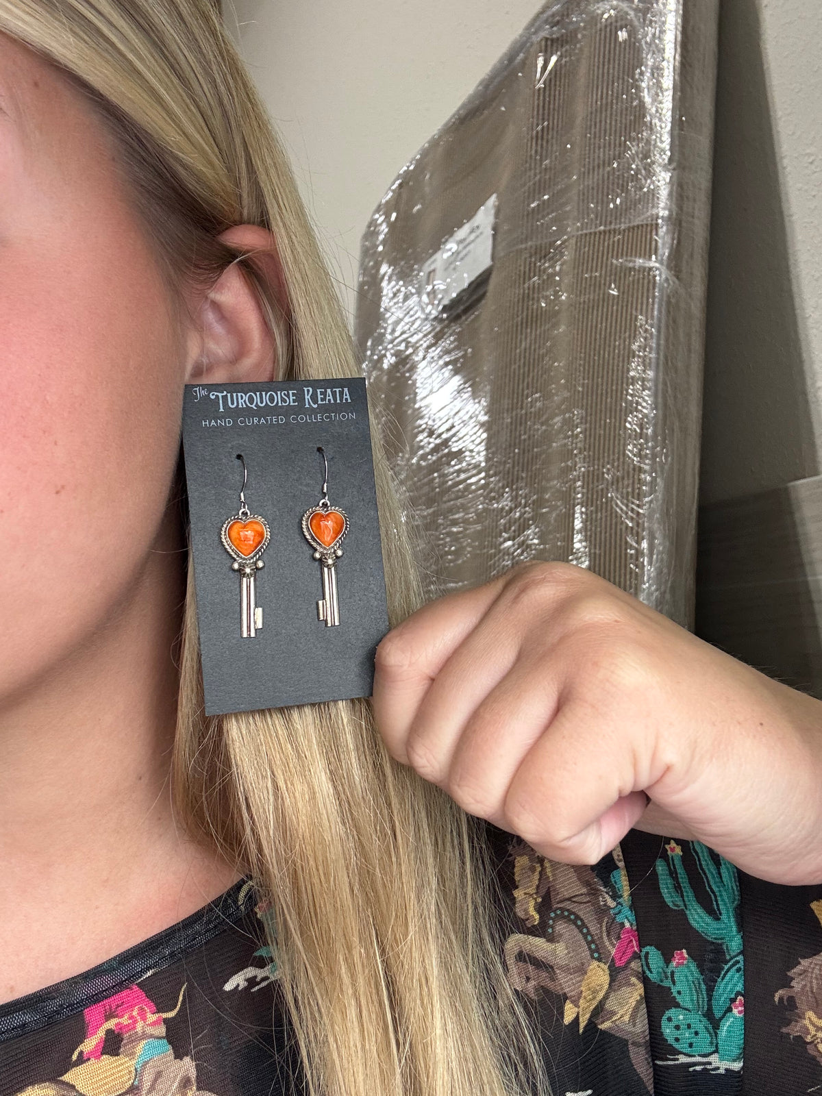 Orange Spiny #917-26A Heart Earrings by P Skeets, Navajo
