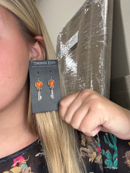 Orange Spiny #917-26A Heart Earrings by P Skeets, Navajo