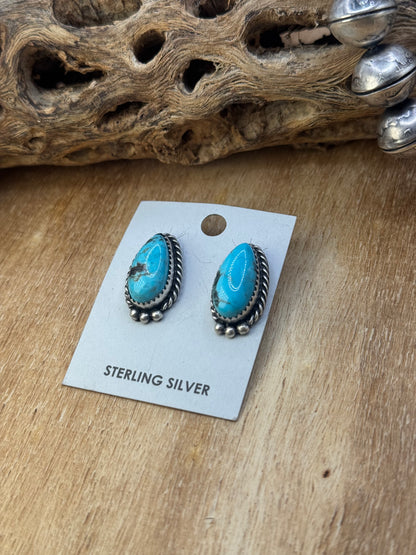 Kingman Turquoise Stud Earrings C by Freda Martinez, Navajo