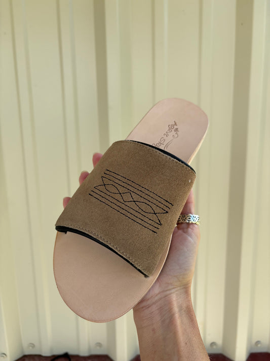 Nadia Western Boot stitch Embroidered Leather Slide Sandal