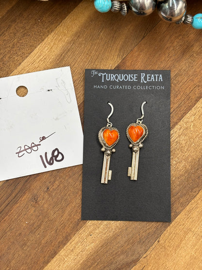 Orange Spiny #917-26A Heart Earrings by P Skeets, Navajo