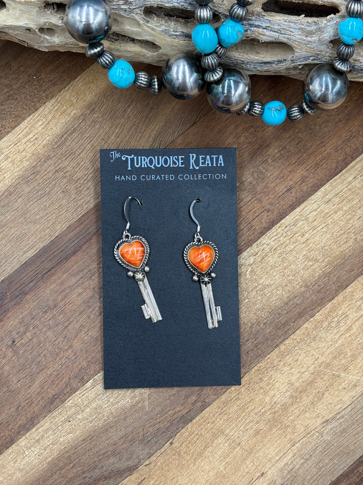 Orange Spiny #917-26B Heart Earrings by P Skeets, Navajo