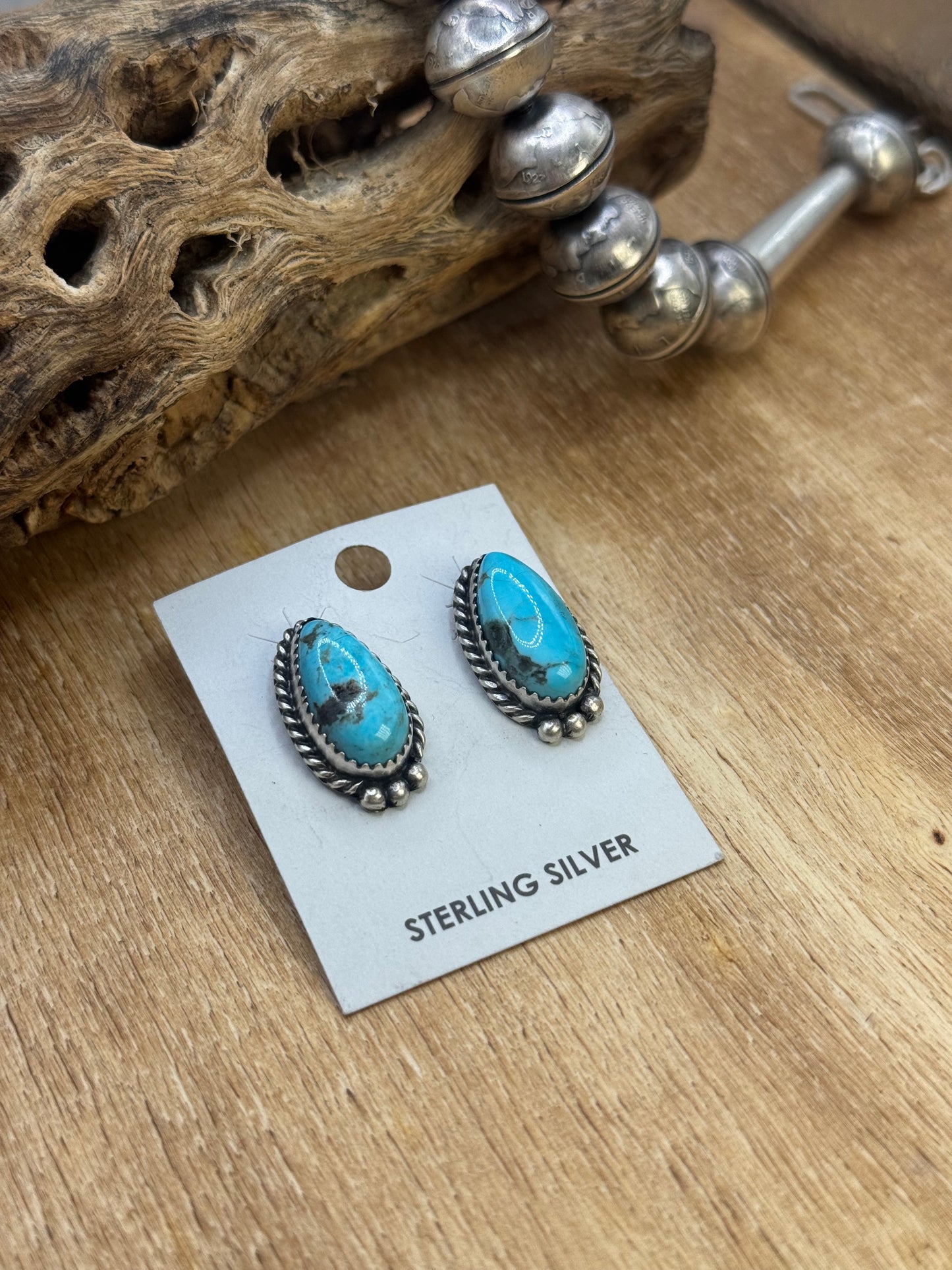 Kingman Turquoise Stud Earrings C by Freda Martinez, Navajo