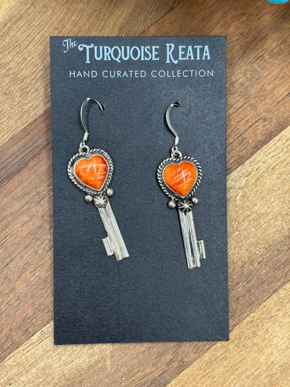 Orange Spiny #917-26B Heart Earrings by P Skeets, Navajo