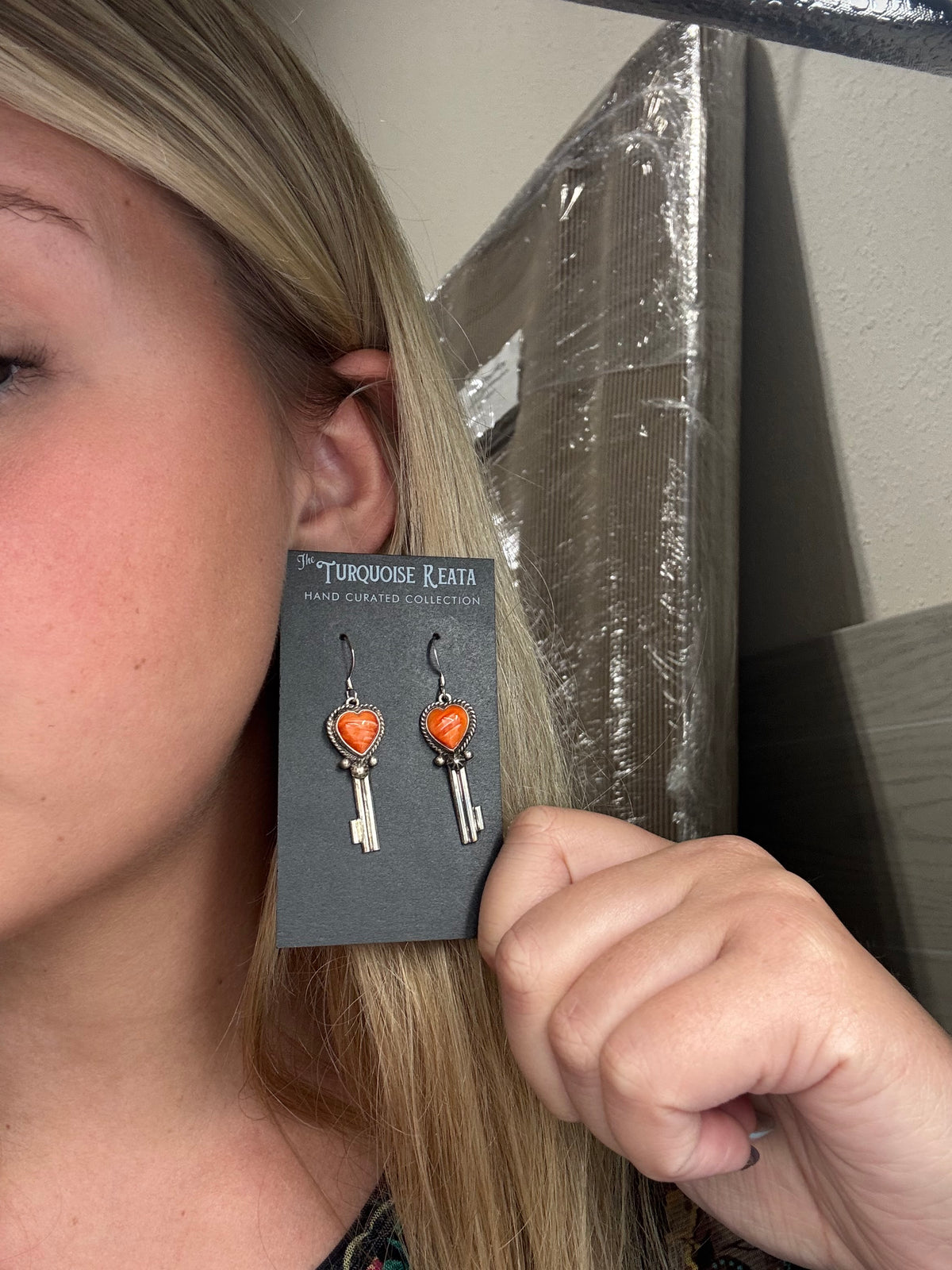 Orange Spiny #917-26B Heart Earrings by P Skeets, Navajo