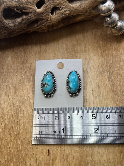 Kingman Turquoise Stud Earrings C by Freda Martinez, Navajo