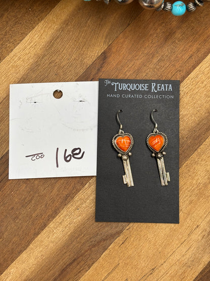 Orange Spiny #917-26B Heart Earrings by P Skeets, Navajo