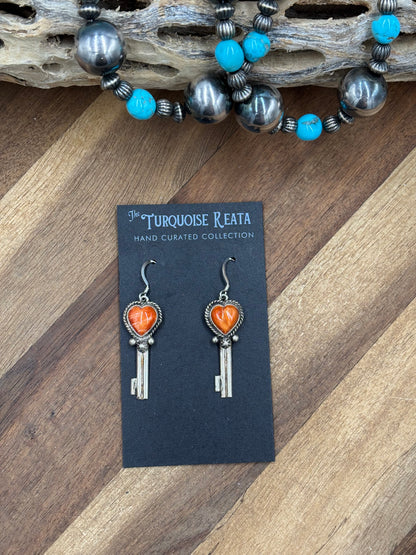 Orange Spiny #917-26C Heart Earrings by P Skeets, Navajo