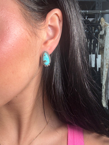 Kingman Turquoise Stud Earrings C by Freda Martinez, Navajo