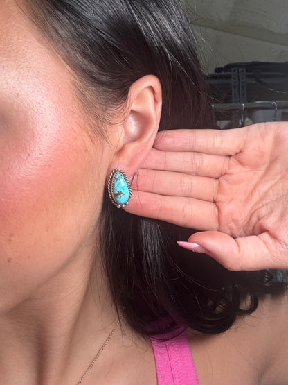 Kingman Turquoise Stud Earrings C by Freda Martinez, Navajo