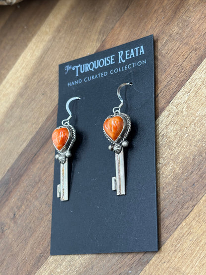 Orange Spiny #917-26C Heart Earrings by P Skeets, Navajo