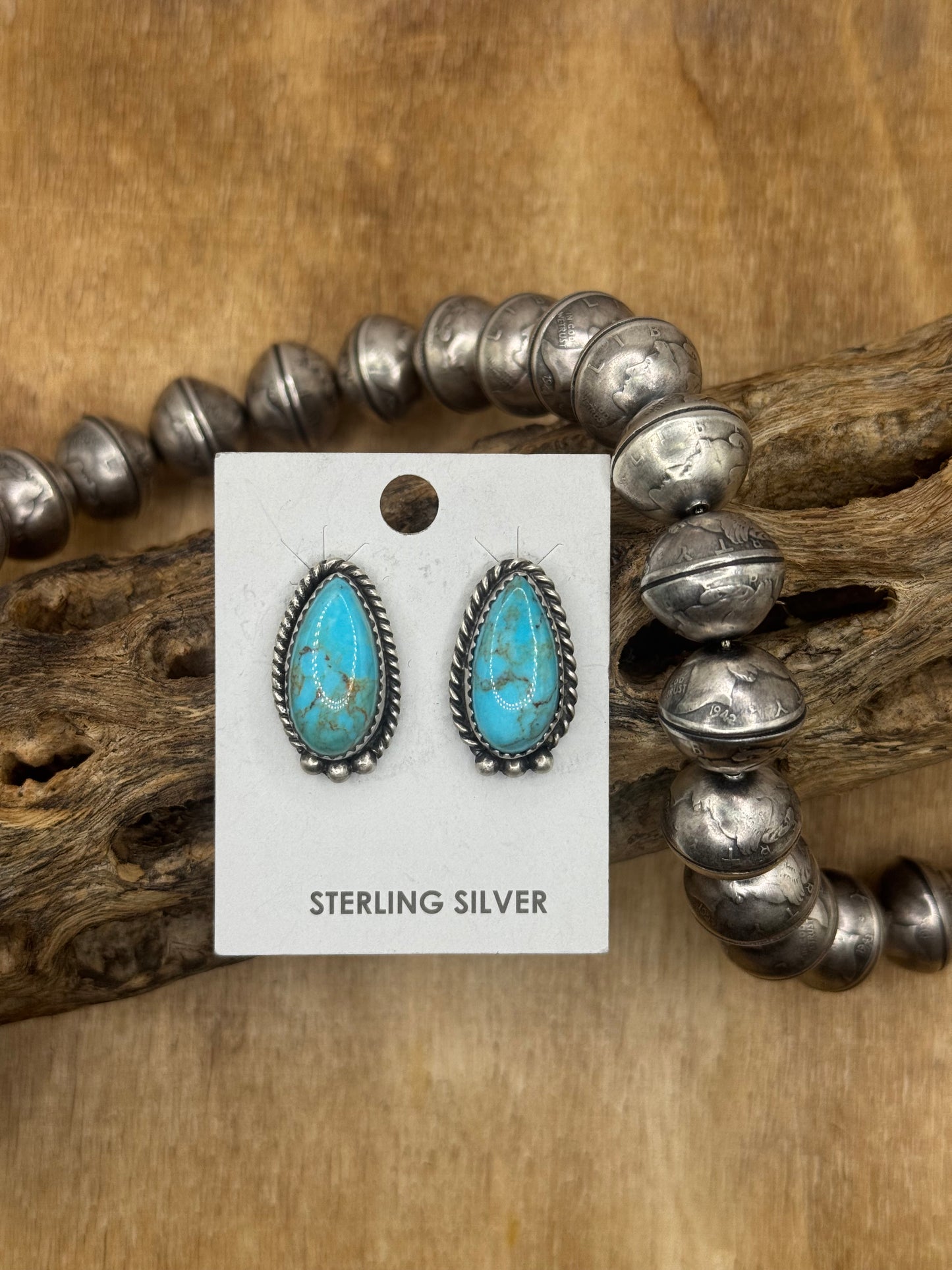 Kingman Turquoise Stud Earrings D by Freda Martinez, Navajo