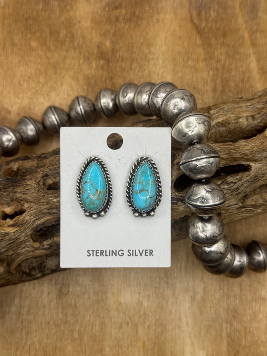 Kingman Turquoise Stud Earrings D by Freda Martinez, Navajo