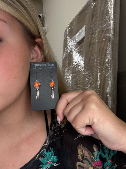 Orange Spiny #917-26C Heart Earrings by P Skeets, Navajo