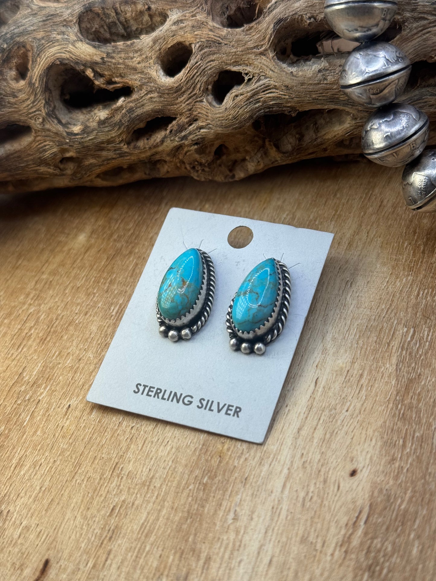 Kingman Turquoise Stud Earrings D by Freda Martinez, Navajo