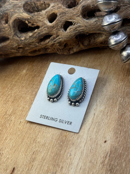 Kingman Turquoise Stud Earrings D by Freda Martinez, Navajo