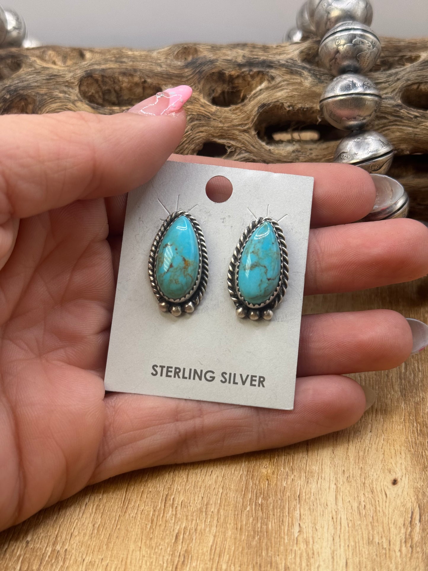 Kingman Turquoise Stud Earrings D by Freda Martinez, Navajo