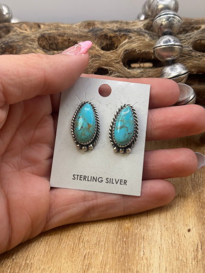 Kingman Turquoise Stud Earrings D by Freda Martinez, Navajo