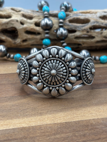 Tom Lewis Squash Blossom Necklace, Cuff, & Earrings Set by Tom Lewis, Navajo