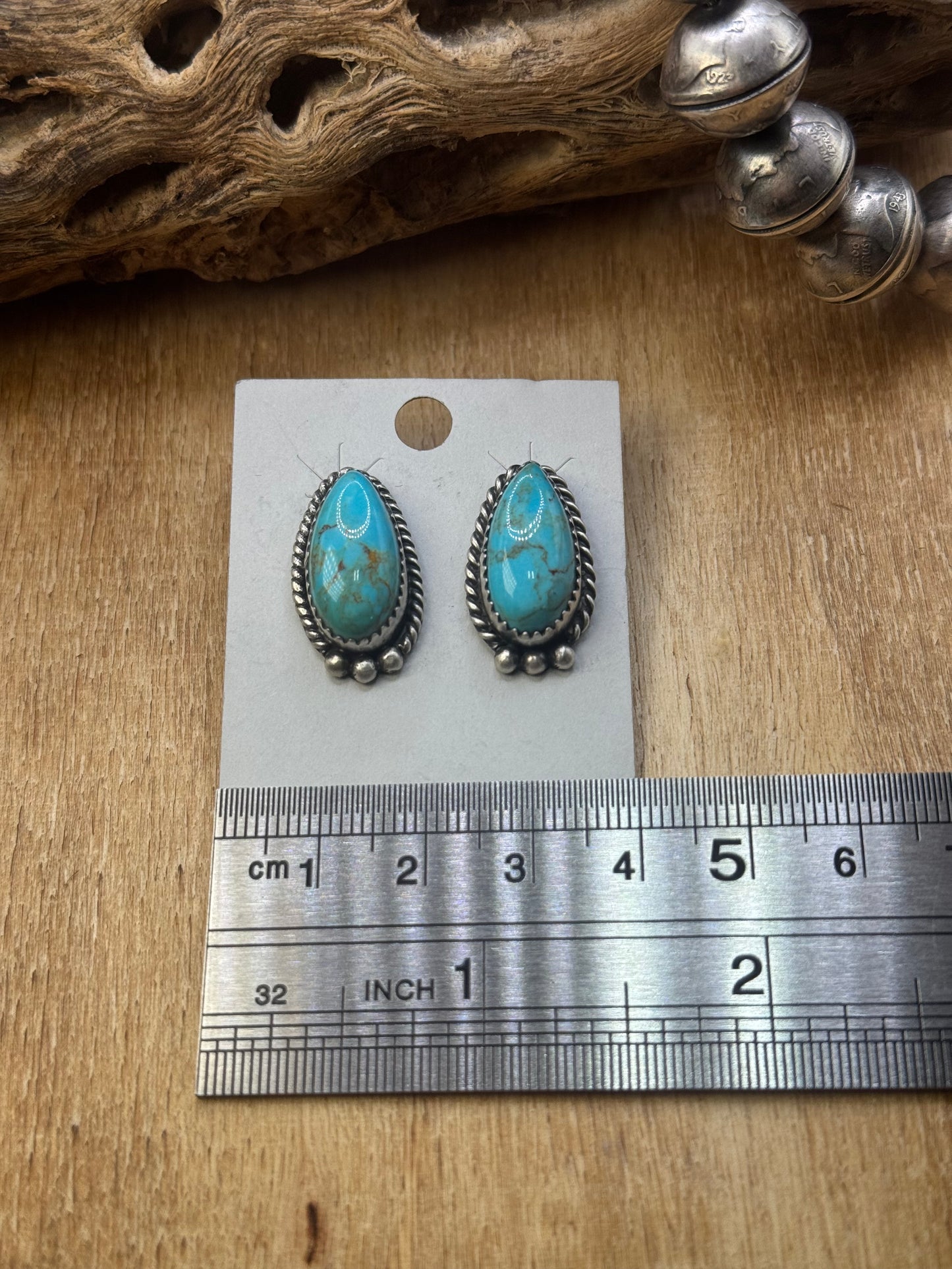 Kingman Turquoise Stud Earrings D by Freda Martinez, Navajo
